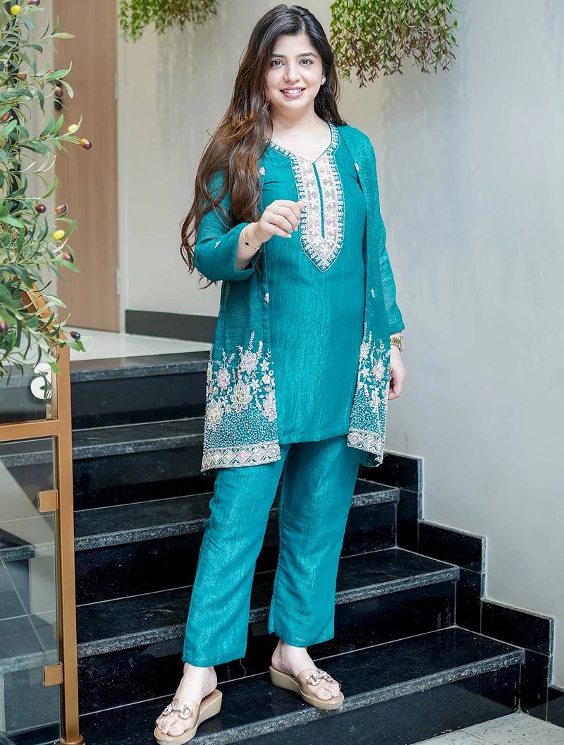 Teal chinon silk heavy thread embroidery beads work kurta & pant with koti set