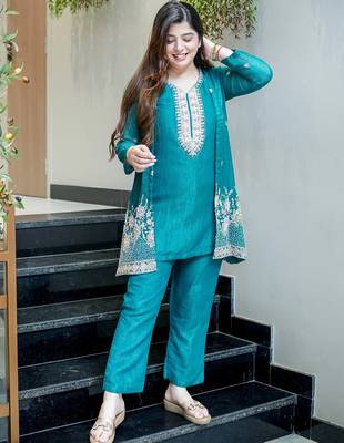 Teal chinon silk heavy thread embroidery beads work kurta & pant with koti set 2