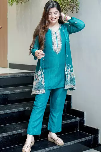 Teal chinon silk heavy thread embroidery beads work kurta & pant with koti set