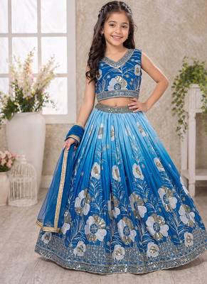 Blue chinon silk sequence embroidered work & digital print kids wedding lehenga choli 1