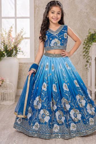 Blue chinon silk sequence embroidered work & digital print kids wedding lehenga choli