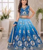 Blue chinon silk sequence embroidered work & digital print kids wedding lehenga choli