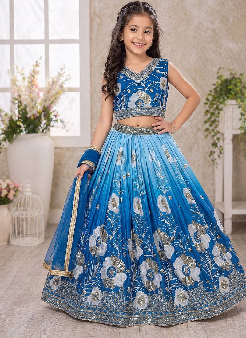 Blue chinon silk sequence embroidered work & digital print kids wedding lehenga choli