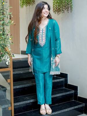 Teal chinon silk heavy thread embroidery beads work kurta & pant with koti set 3
