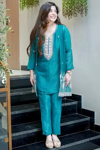 Teal chinon silk heavy thread embroidery beads work kurta & pant with koti set