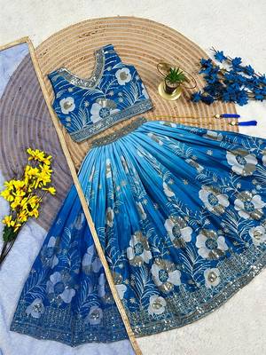 Blue chinon silk sequence embroidered work & digital print kids wedding lehenga choli 2
