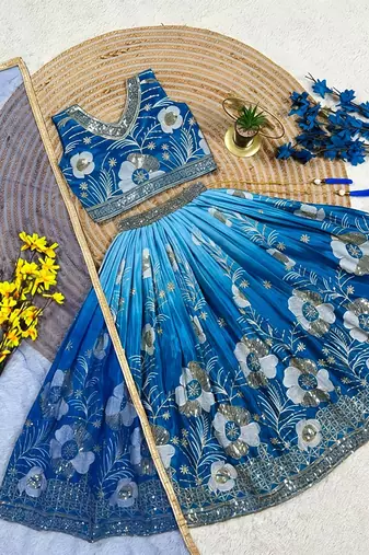 Blue chinon silk sequence embroidered work & digital print kids wedding lehenga choli