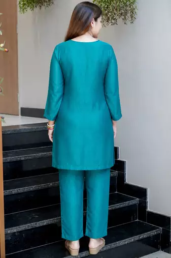Teal chinon silk heavy thread embroidery beads work kurta & pant with koti set