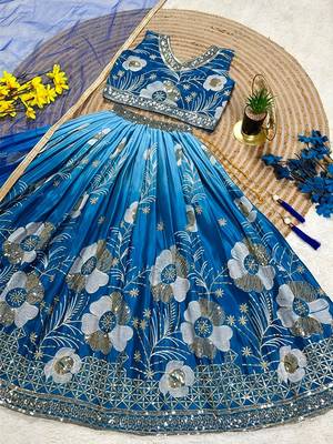 Blue chinon silk sequence embroidered work & digital print kids wedding lehenga choli 3