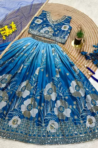 Blue chinon silk sequence embroidered work & digital print kids wedding lehenga choli