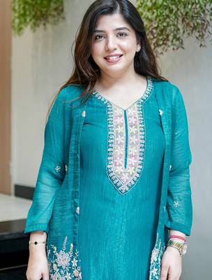 Teal chinon silk heavy thread embroidery beads work kurta & pant with koti set 5