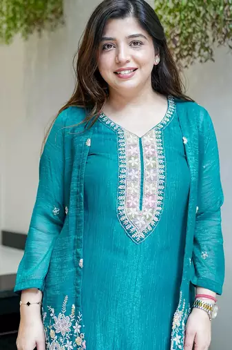 Teal chinon silk heavy thread embroidery beads work kurta & pant with koti set
