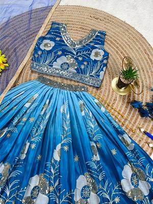 Blue chinon silk sequence embroidered work & digital print kids wedding lehenga choli 4