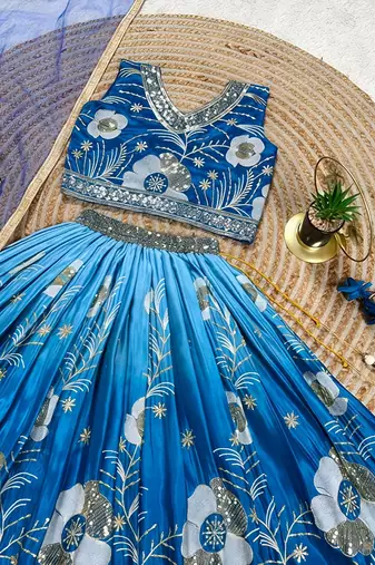 Blue chinon silk sequence embroidered work & digital print kids wedding lehenga choli