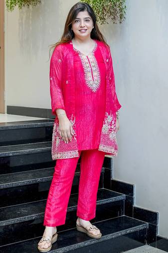 Rani pink chinon silk heavy thread embroidery beads work kurta & pant with koti set