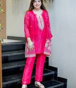 Rani pink chinon silk heavy thread embroidery beads work kurta & pant with koti set