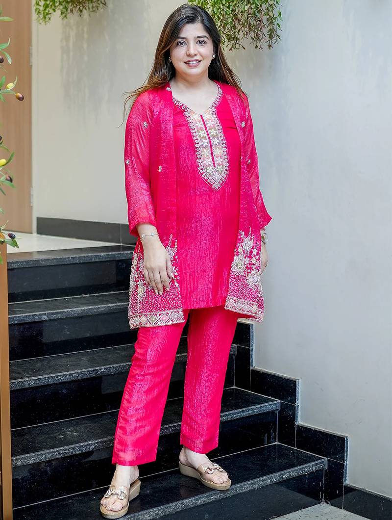 Rani pink chinon silk heavy thread embroidery beads work kurta & pant with koti set