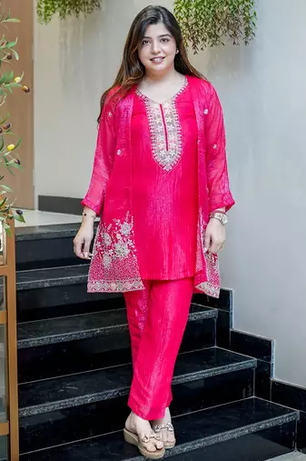 Rani pink chinon silk heavy thread embroidery beads work kurta & pant with koti set