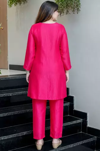 Rani pink chinon silk heavy thread embroidery beads work kurta & pant with koti set