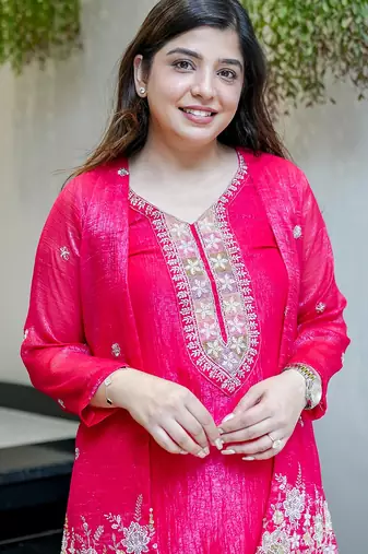 Rani pink chinon silk heavy thread embroidery beads work kurta & pant with koti set