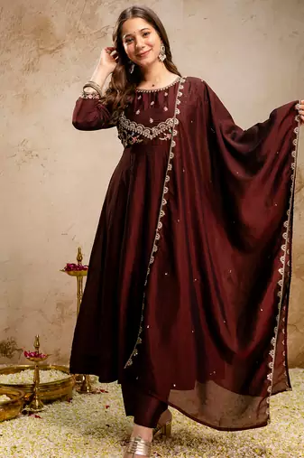 Coffee vichitra silk heavy thread embroidery work kurta pant set