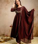 Coffee vichitra silk heavy thread embroidery work kurta pant set