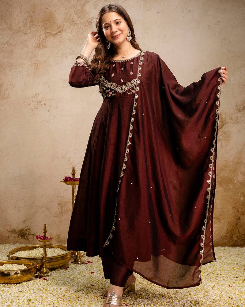 Coffee vichitra silk heavy thread embroidery work kurta pant set