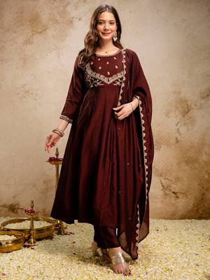 Coffee vichitra silk heavy thread embroidery work kurta pant set 2
