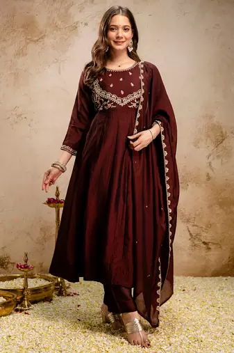 Coffee vichitra silk heavy thread embroidery work kurta pant set