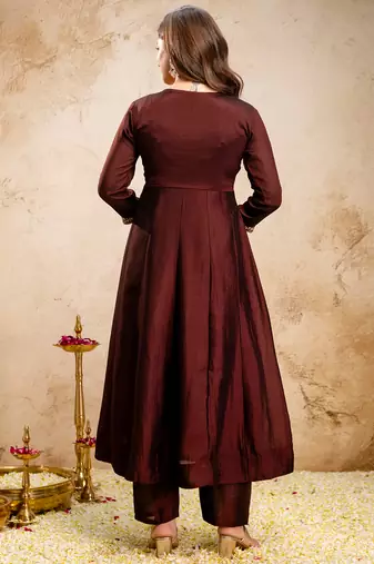 Coffee vichitra silk heavy thread embroidery work kurta pant set
