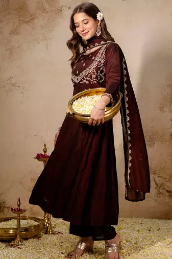 Coffee vichitra silk heavy thread embroidery work kurta pant set