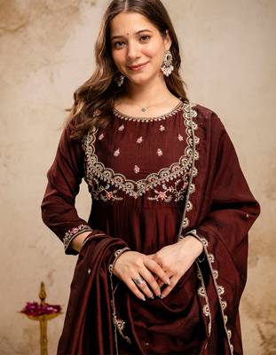 Coffee vichitra silk heavy thread embroidery work kurta pant set 5