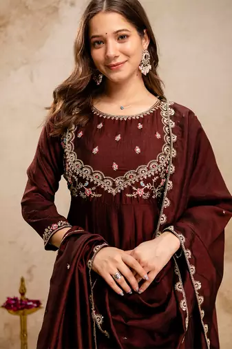 Coffee vichitra silk heavy thread embroidery work kurta pant set