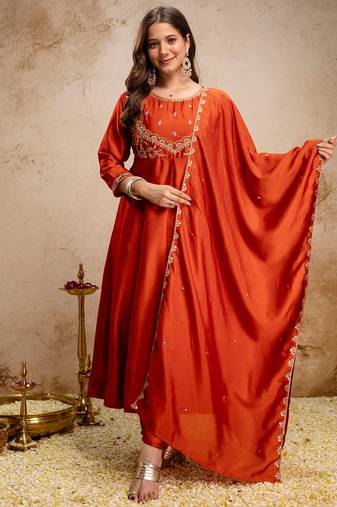 Orange vichitra silk heavy thread embroidery work kurta pant set
