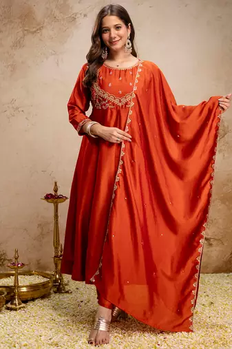 Orange vichitra silk heavy thread embroidery work kurta pant set
