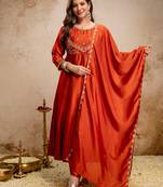 Orange vichitra silk heavy thread embroidery work kurta pant set