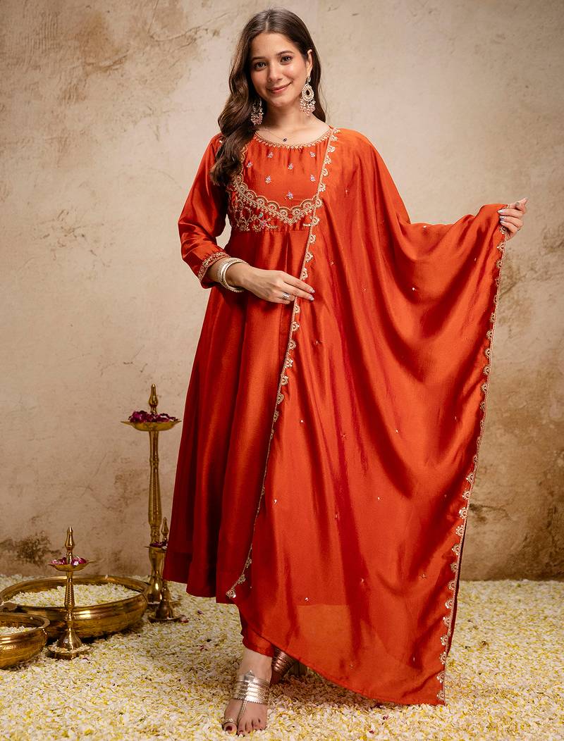 Orange vichitra silk heavy thread embroidery work kurta pant set