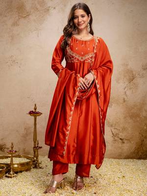 Orange vichitra silk heavy thread embroidery work kurta pant set 2