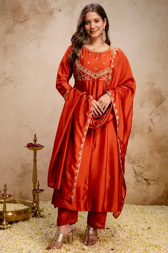 Orange vichitra silk heavy thread embroidery work kurta pant set