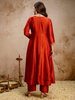 Orange vichitra silk heavy thread embroidery work kurta pant set 3