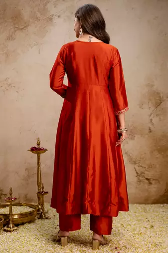 Orange vichitra silk heavy thread embroidery work kurta pant set