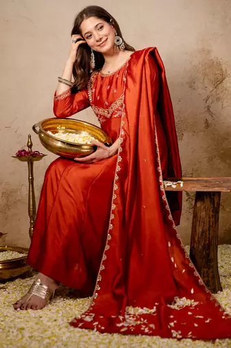 Orange vichitra silk heavy thread embroidery work kurta pant set