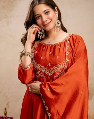 Orange vichitra silk heavy thread embroidery work kurta pant set 5