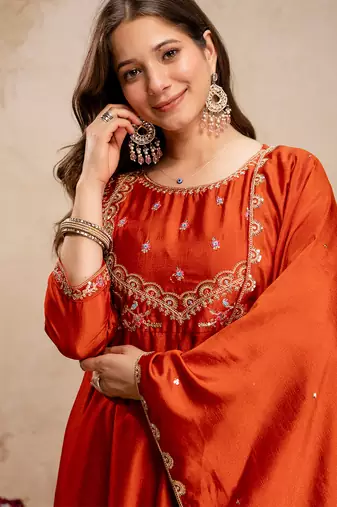 Orange vichitra silk heavy thread embroidery work kurta pant set