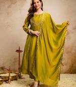 Green vichitra silk heavy thread embroidery work kurta pant set