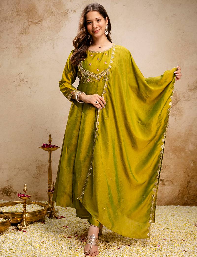 Green vichitra silk heavy thread embroidery work kurta pant set