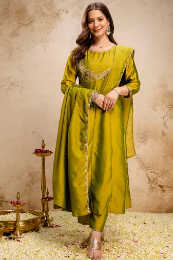 Green vichitra silk heavy thread embroidery work kurta pant set