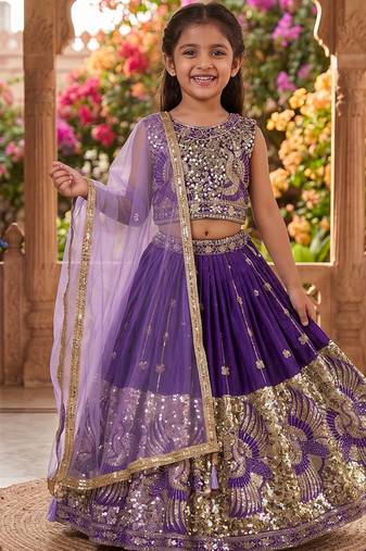 Purple silk blend sequence embroidered work & digital print kids wedding lehenga choli