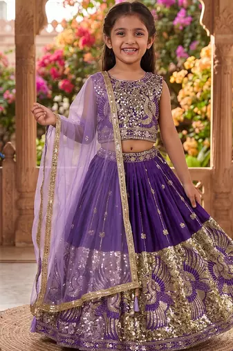 Purple silk blend sequence embroidered work & digital print kids wedding lehenga choli