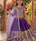 Purple silk blend sequence embroidered work & digital print kids wedding lehenga choli